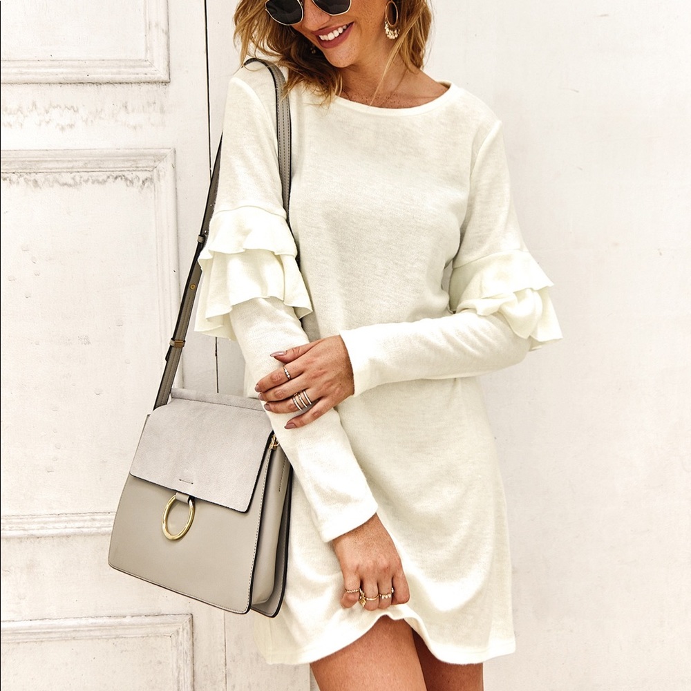 ♦️💕Layered Long Sleeve Scoop Neck Dress White